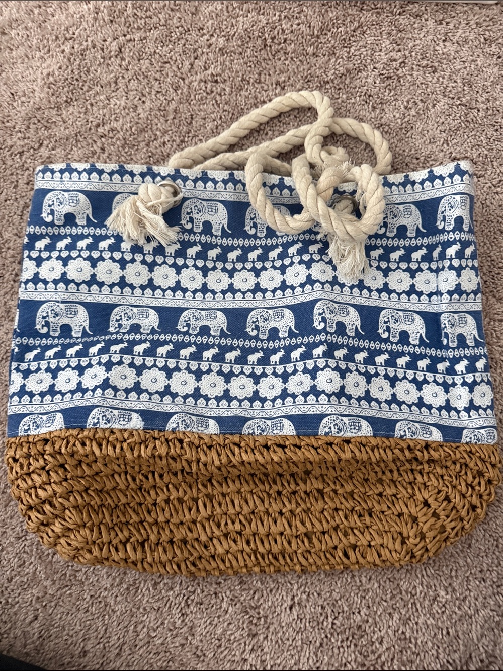 Blue Elephant-Print Straw Tote with Rope Handles